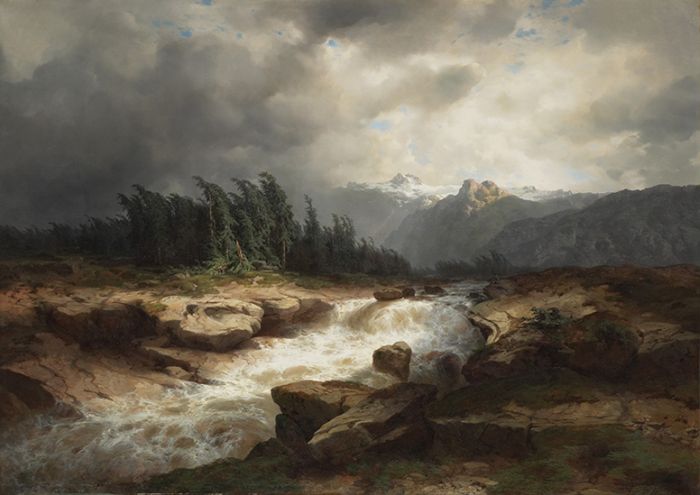 Alexandre Calame Mountain Torrent Before a Storm (The Aare River, Haslital), 1850 Oil on canvas, 38 5/8 x 54 1/4 in. (98.1 x 137.8  cm) Collection of Asbjorn R. Lunde